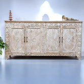 Handmade Carved Indian Mango Wood 4 Doors Sideboard 180x40x90cm Whitewash